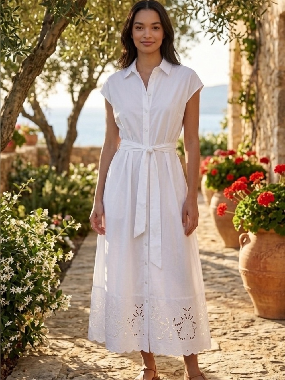 Ellen Tracy White Eyelet Hem Button Down Midi Dress NWT